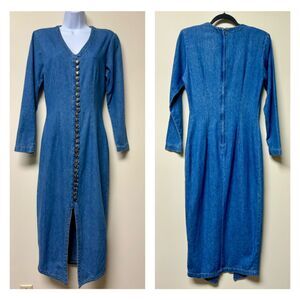 EXPRESS Vintage 80's Denim Long Sleeve Midi Dress Button Front V-Neck, Sz 6